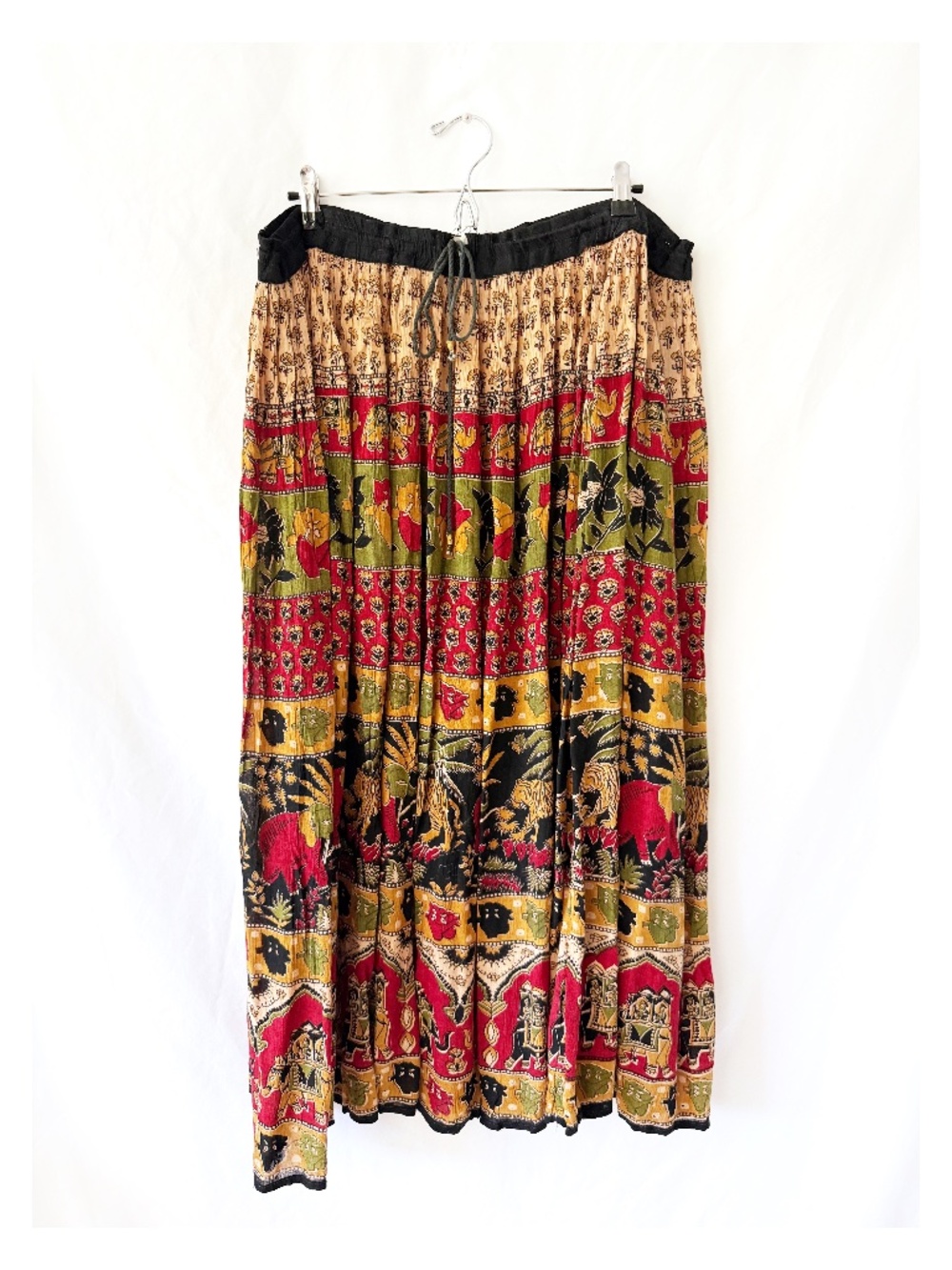 Vintage Indian Elephant Print Maxi Skirt – Crinkle Rayon Boho Hippie Style XL